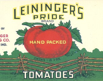 Leininger's Pride Tomatoes Original Vintage Unused Tin Can Label Tipton, Indiana