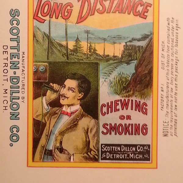 Long Distance Chewing & Smoking Tobacco Original Unused Vintage Package Label Scotten Dillon Co. Detroit, Michigan