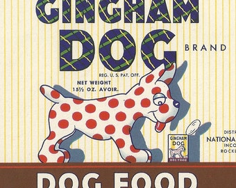 1950's Gingham Dog Brand Dog Food Unused Original Vintage Can Label From National Pet Foods in Rockland, Maine
