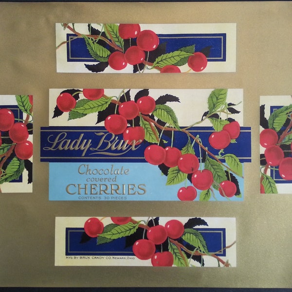 Lady Brux Chocolate Covered Cherries Original Vintage Box Lid Label Newark, Ohio