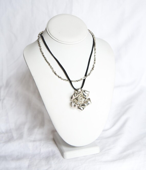 Vintage 925 Silver Multi Layer Rose Pendant Neckla