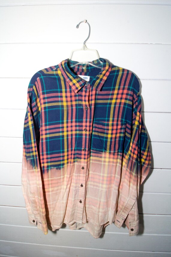 Dip Dye Flannel ϟ Bleached Unique Tye Dye Grunge Lightweight Long Sleeve Shirt Top
