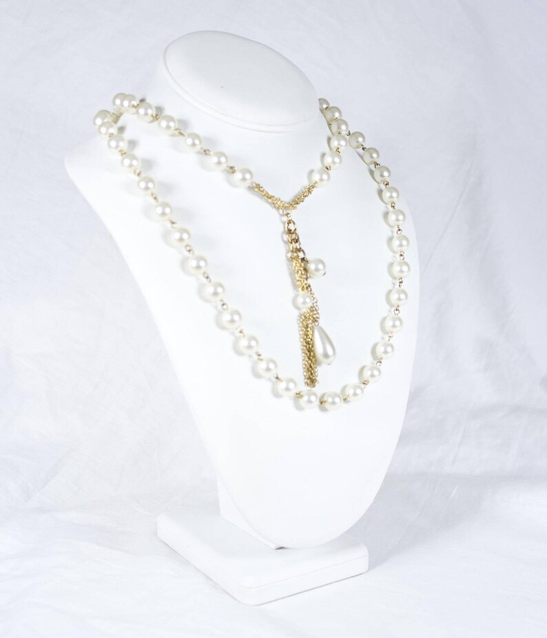 Vintage 20/'s Statement Gold /& Pearl Tassel Beaded Necklace