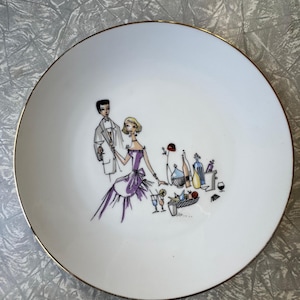 1950s Vintage Schönwald Germany Plate – 25.5cm / 10in  – Mid-Century Cocktail Scene – Gold Rim – Original Porcelain