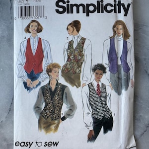 1996 Vintage Simplicity 8029 – Misses’ Buttoned Vest in Three Styles – Size Y (18–22) – UNCUT and FACTORY FOLDED