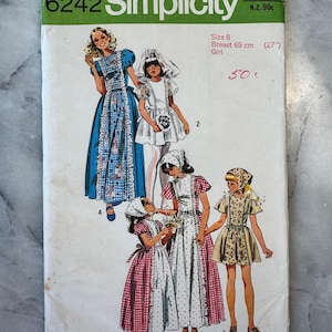1974 Simplicity 6242 – Girl’s Size 8 (Breast 27&quot;) – Prairie Dress & Bonnet Costume – UNCUT and FACTORY FOLDED