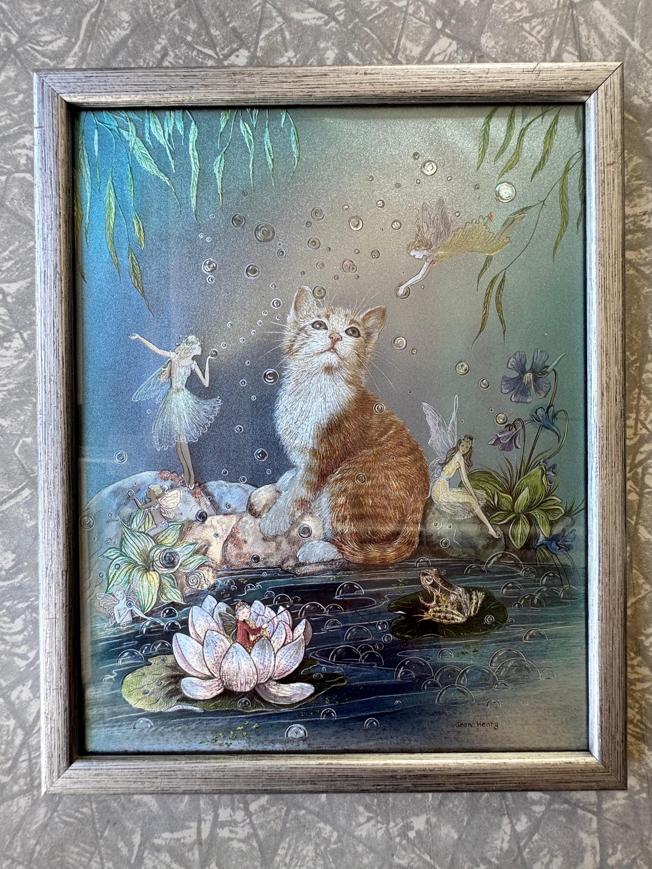 1970s Jean & Ron Henry Cat and Fairies Dufex Foil Art