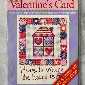 Kit de punto de cruz vintage para San Valentín de 1999: "El hogar está donde está el corazón" - NUEVO y SIN ABRIR