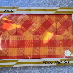 1970s Vintage Mitake Place Mat Set – Made in Japan – 8-Piece Cotton Set – Orange & Yellow Check – In Original Packaging