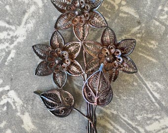 Broche Ancienne En Argent 800 - Ciselée Fleur Filigrane, 5.7 Cm, Occasion Bon état
