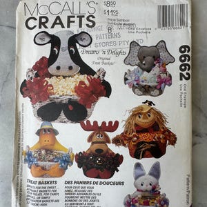 Wzór do szycia Vintage McCall’s 6662 z 1993 r. – Kosze na smakołyki (renifer, krowa, kaczka, królik, słoń, strach na wróble) – NIEPOCIĘTY i ZŁOŻONY FABRYCZNIE