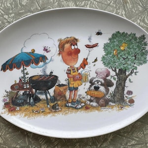 1980s Vintage Giordano Oval Plate - BBQ Cartoon Design - Melmac by Benjamin Ware - 30 cm x 21 cm