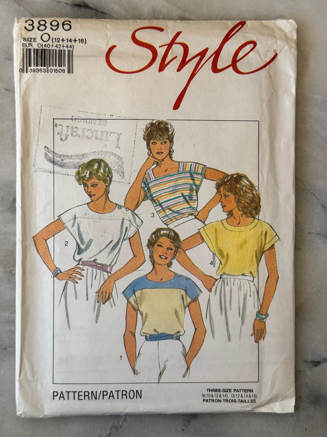 1986 Style 3896 Sewing Pattern - Misses’ Pullover Tops (sizes 12-16 ...