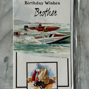 Tarjeta de cumpleaños para hermano de Ansley Design de los años 90: escena de carreras de lanchas motoras antiguas, nueva y sin usar