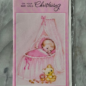 Carte de baptême pour bébé fille Ansley Design des années 1990 - vintage berceau à baldaquin rose et ours en peluche - neuf et inutilisé