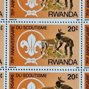 Foglio di francobolli del Ruanda del 1983 - 75° anniversario dello Scoutismo - Foglio intero nuovo di 40 francobolli commemorativi da 20 centesimi