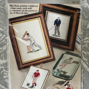 Lot de 1 grilles de point de croix Framecraft Sportsmen vintage 1995 – 4 modèles – 6,1 x 13,7 cm (2,4 x 5,4 po.) – scellée