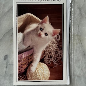 Carte d'anniversaire vintage des années 1990 - inutilisé - chaton blanc avec fil - Card Talk