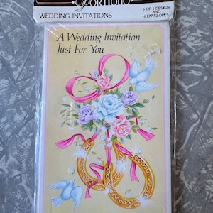 Faire-part de mariage vintage des années 1980 - 8,5 x 13,3 cm (3,35 x 5,24 po.) - Fer à cheval et colombe - Fabriqués en Australie - Paquet scellé de 6