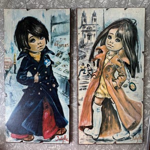1970s Vintage Idylle Jolylle Pop Art Prints – Set of 2 – Mod Boy & Girl on Hardboard – 39 × 19 cm (15.4 × 7.5 in)