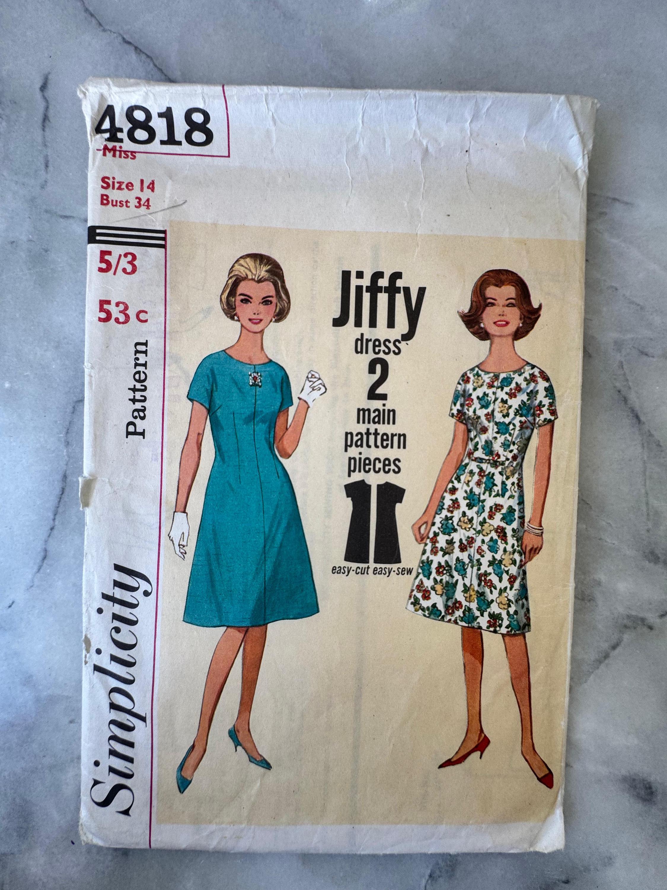1960s Vintage Simplicity 4818 Sewing Pattern – Jiffy Dress with 2 Main Pieces – Size 14 Bust 34 – UNCUT and FACTORY FOLDED