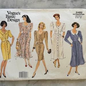 1990 Vogue 2482 Sewing Pattern - Misses’ Dress with Collar & Shoulder Pads (Sizes 8-10-12) - Vintage Vogue’s Basic Design - CUT and COMPLETE