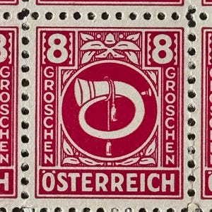 Foglio di francobolli d'epoca austriaci del 1945 - Emissione militare alleata - Foglio intero nuovo di 36 x 8 francobolli Groschen Posthorn