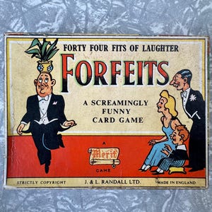 Juego de cartas Forfeits vintage de los años 50 de J&L Randall Ltd. Fabricado en Inglaterra. Colección incompleta (47 de 48 cartas incluidas).