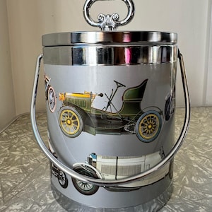 1970er Jahre Vintage Eiskübel - Chromgriff & Deckel - Oldtimer-Motiv - 15 cm Höhe x 12,5 cm Durchmesser