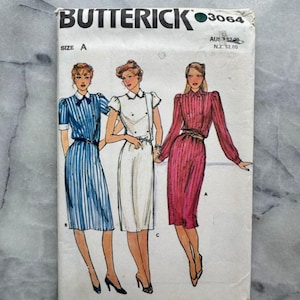 1985 Vintage Butterick 3064 – Misses Kleid in drei Varianten – Größe A (6-8-10) – UNCUT und FASSUNG
