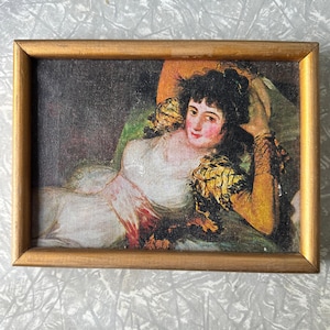 1960s Framed Reproduction of Goya’s La Maja Clothed - Small Oil Print on Canvas - 24 x 17.5 cm (9.4 x 6.9 inches)