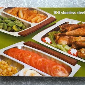 1970s Vintage 18/8 Stainless Steel Dish with Wooden Handles - Divided Serving Tray (32 cm x 22 cm) - Made in Hong Kong