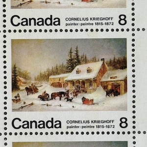 1972 Canada Stamp Block - Set of 6 Unused 8 Cent Stamps - Cornelius Krieghoff Winter Scene Art