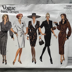 1993 Vintage Vogue 1096 Sewing Pattern – Misses&#39; Wrap Dress with Shoulder Pads (Sizes 12–16) – Uncut and Factory Folded