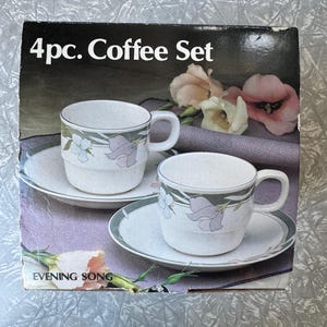 1980s Coffee Cup & Saucer Set – &quot;Evening Song&quot; Floral Design - Two Sets  – Made in Korea - In Original Box