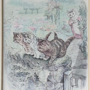Vintage Katzen Druck - 1980er Jahre Illustration - Pastell Rosa Holzrahmen (27 H x 22 cm B) - Original Tierkunstwerk