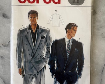 1980s Burda 5176 Sewing Pattern – Men&#39;s Double-Breasted Blazer with Shoulder Pads (Sizes 34–44) – UNCUT and FACTORY FOLDED