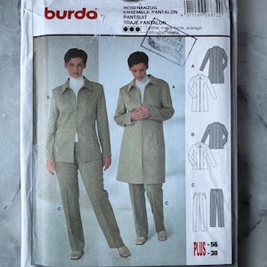 2000 Vintage Burda 8872 Pantsuit Pattern – Misses’ Jacket, Coat, and Pants – Sizes 18–30 – UNCUT and FACTORY FOLDED