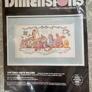 1992 Vintage Dimensions Toy Shelf Birth Record Cross Stitch Kit – 50 x 33 cm (20&quot; x 13&quot;) – Barbara Mock Design