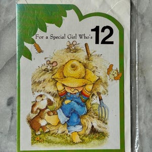 Vintage 12e verjaardagskaart jaren 80 - ongebruikt - schattige boerderijillustratie - Glory Moon