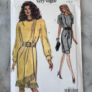1989 Vintage Vogue 8564 – Misses’ Belted Dress with Shoulder Detail – Size 12-14-16 – UNCUT and FACTORY FOLDED