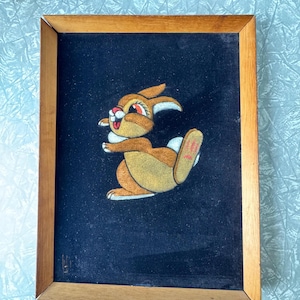 1970s Vintage Velvet Bunny Painting – 29.5 x 39.5 cm – Framed Signed Artwork