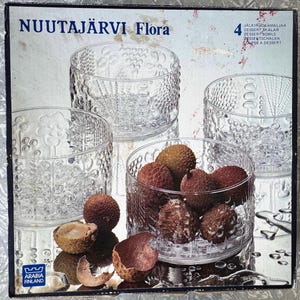 1970s Vintage Nuutajärvi Flora Dessert Bowls – Set of 4 – Designed by Oiva Toikka – 10cm Diameter (3.9&quot;) – Made in Finland - In Original Box