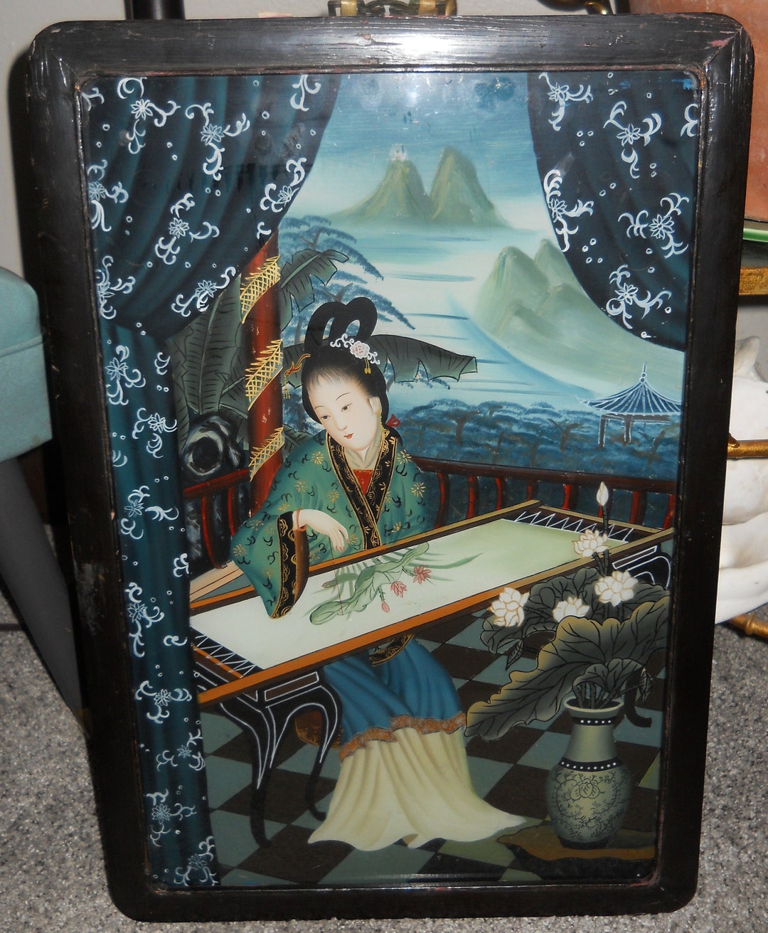 Antique Chinese Reverse Painting on Glass in Wood Frame Etsy