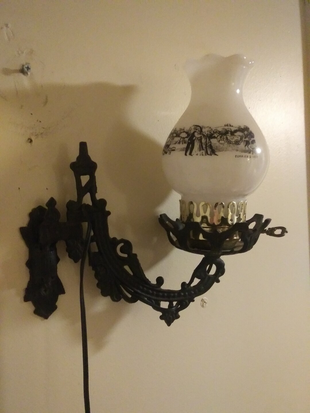 Victorian Cast Iron Oil Lamp Wall Sconce Electric Lamp Milk Glass Currier and Ives Shade Etsy