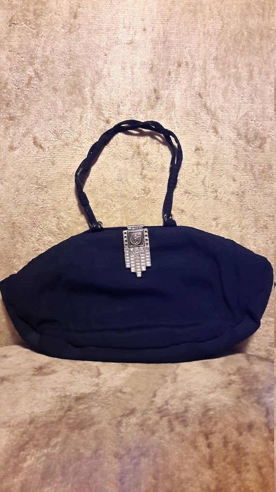 Art Deco Black Crepe and Satin Evening Bag with Rh