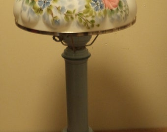 Vintage Blue Metal Tole Lamp with Colorful Floral Hand Painted Milk Glass Shade and Frosted Chimney