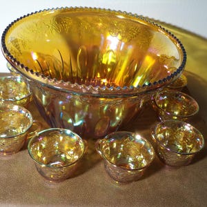 10 Piece Marigold Carnival Glass Punch Bowl Set Indiana Glass Co Punch Bowl and 9 Cups