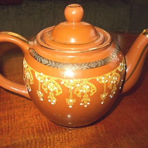 Vintage Ceramic Teapot Ornate Enamel and Gold Stencil