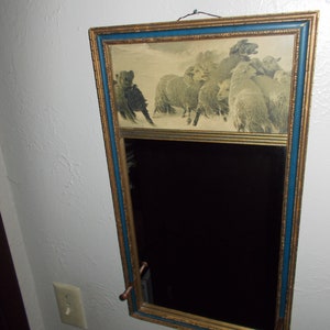 Antique Mirror with Black and White Lithograph Sheep and Herding Dog Circa 1900&#39;s